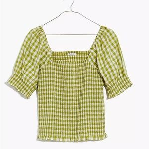 Lucie Puff-Sleeve Smocked Bodice Top in Gingham Check